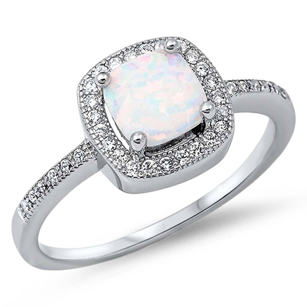 Sterling Silver Stylish White Lab Opal Cushion Cut with Halo and Inlay Clear CZ Ring, Face Height of 9MM