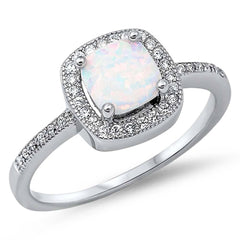 Sterling Silver Stylish White Lab Opal Cushion Cut with Halo and Inlay Clear CZ RingAnd Face Height of 9MM