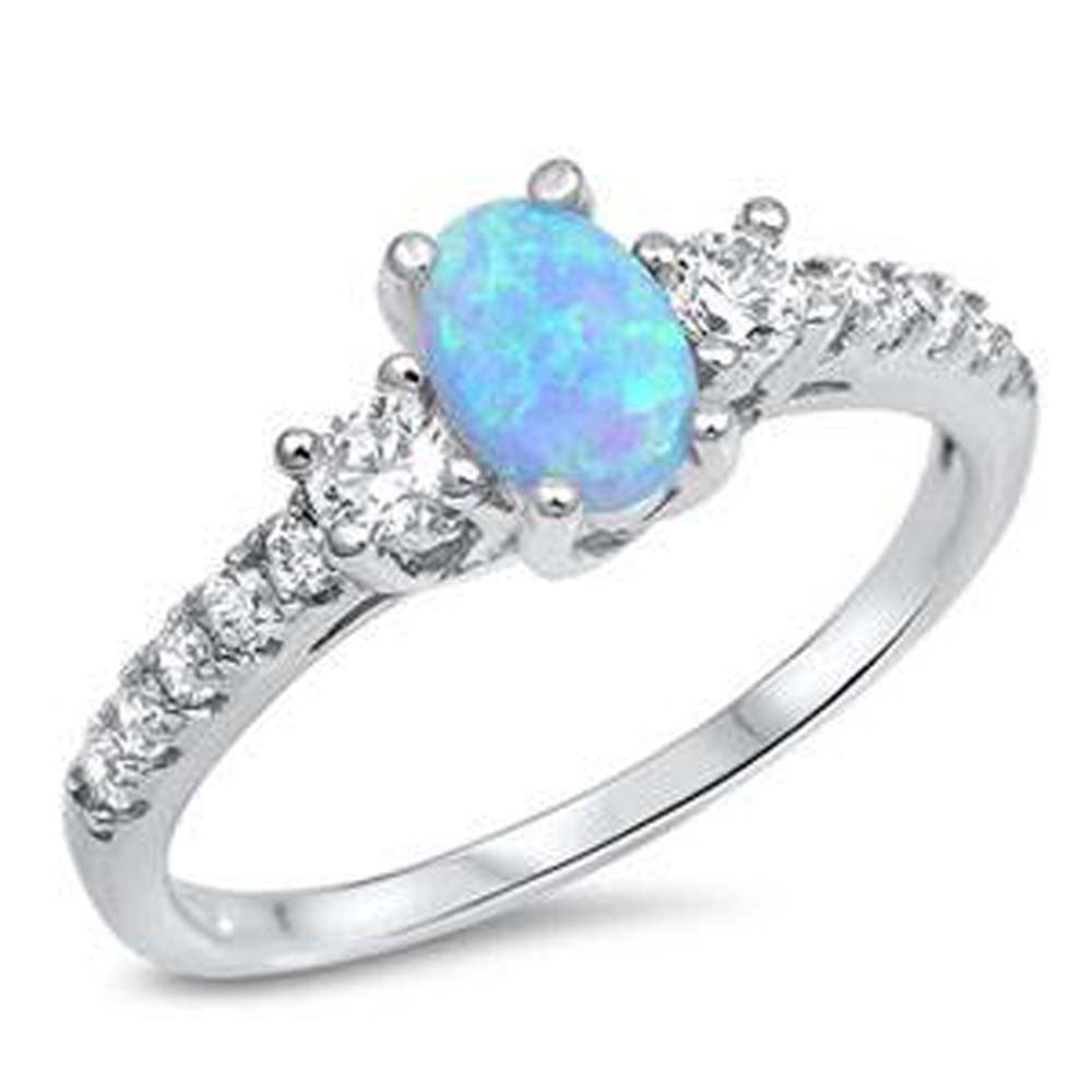 Sterling Silver Oval Shape Blue Lab Opal Rings With Clear CZ StonesAnd Face Height 6mm