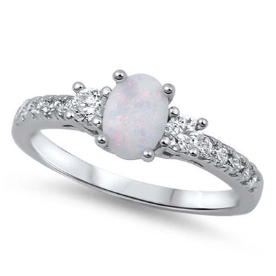 Sterling Silver Elegant Design Three Stone Oval Cut White Lab Opal and Round Clear CZ Inlay with Clear CZ RingAnd Face Height of 6MM