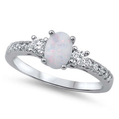 Sterling Silver Elegant Design Three Stone Oval Cut White Lab Opal and Round Clear CZ Inlay with Clear CZ RingAnd Face Height of 6MM