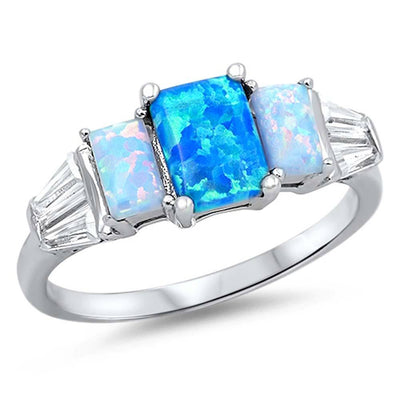 Sterling Silver Vintage Style Three Blue Lab Opal Emerald Cut with Clear CZ Inlay RingAnd Face Height of 7MM