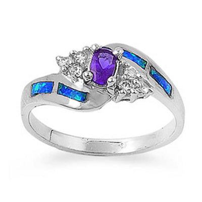 Sterling Silver Fancy Elegant Design Oval Cut Amethyst CZ with Clear CZ and Blue Lab Opan Inlay Bypass Band RingAnd Face Height of 9MM