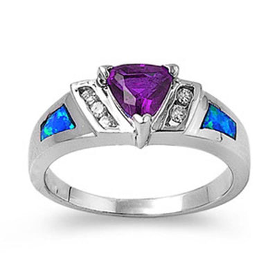 Sterling Silver Modish Trillion Cut Amethyst CZ with Clear CZ and Blue Lab Opal Inlay RingAnd Face Height of 7MM