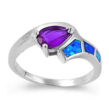 Load image into Gallery viewer, Sterling Silver Fancy Pear Shape Amethyst CZ with Blue Lab Opal Inlay Bypass Band RingAnd Face Height of 8MM