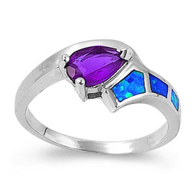Sterling Silver Fancy Pear Shape Amethyst CZ with Blue Lab Opal Inlay Bypass Band RingAnd Face Height of 8MM