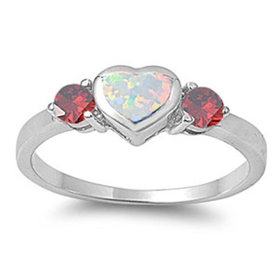 Sterling Silver Trendy White Lab Opal Heart Shape with Round Garnet CZ on Both Side RingAnd Face Height of 6MM