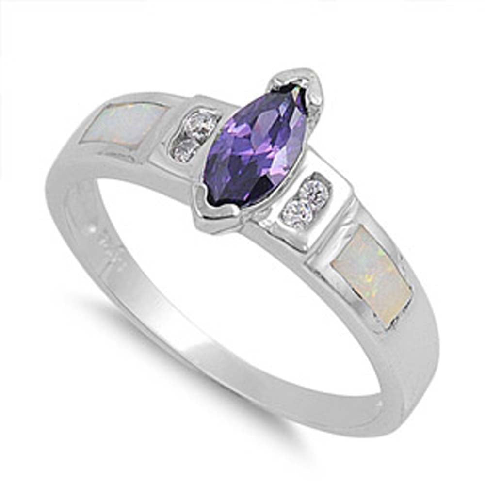 Sterling Silver Fancy Modish Marquise Cut Amethyst CZ with Clear Cz and White Lab Opal Inlay RingAnd Face Height of 9MM