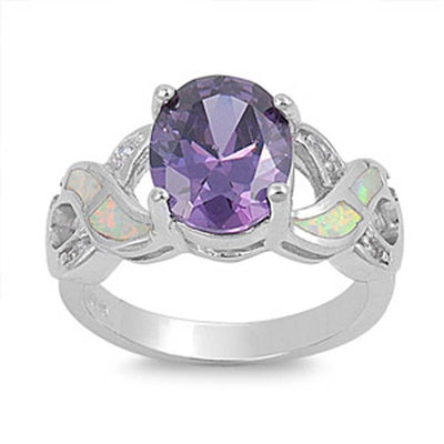 Sterling Silver Modish Fancy Amethyst CZ Oval Cut with Clear CZ and White Lab Opal Inlay Infinity Band RingAnd Face Height of 10MM