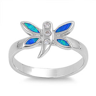 Sterling Silver Fancy Dragon Fly with Blue Lab Opal and Three Clear CZ RingAnd Face Height of 10MM