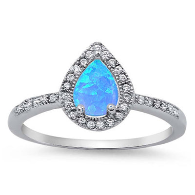 Sterling Silver Stylish Blue Lab Opal Pear Shape with Halo and Inlay Clear CZ Design RingAnd Face Height of 10MM