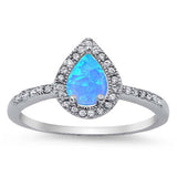 Sterling Silver Stylish Blue Lab Opal Pear Shape with Halo and Inlay Clear CZ Design RingAnd Face Height of 10MM