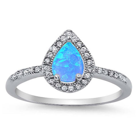 Sterling Silver Stylish Blue Lab Opal Pear Shape with Halo and Inlay Clear CZ Design RingAnd Face Height of 10MM