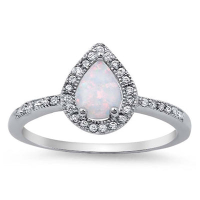 Sterling Silver Stylish White Lab Opal Pear Shape with Halo and Inlay Clear CZ Design RingAnd Face Height of 10MM