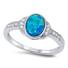 Load image into Gallery viewer, Sterling Silver Elegant Design Blue Lab Opal Bezel Set Oval Cut with Clear CZ Inlay RingAnd Face Height of 9MM