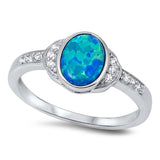 Sterling Silver Elegant Design Blue Lab Opal Bezel Set Oval Cut with Clear CZ Inlay RingAnd Face Height of 9MM