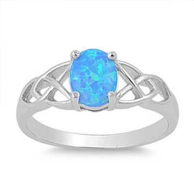 Sterling Silver Stylish Blue Lab Opal Oval Shape Celtic Knot Inlay Ring with Face Height of 8MM