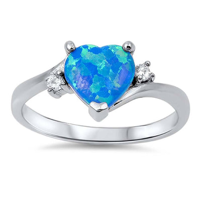 Sterling Silver Trendy Blue Lab Opal Heart Shape with Clear CZ on Both Side Bypass Band RingAnd Face Height of 9MM