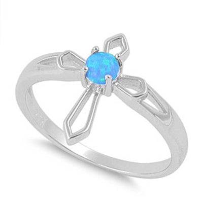 Sterling Silver Stylish Cross Design with Blue Lab Opal RingAnd Face Height of 15MM