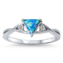 Load image into Gallery viewer, Sterling Silver Fancy Elegant Design Blue Lab Opal Trillion Cut with Clear CZ Promise RingAnd Face Height of 6MM