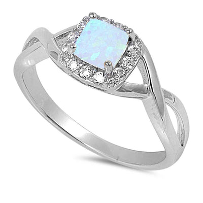 Sterling Silver Square White Lab Opal Rings With CZ StonesAnd Face Height 8mm