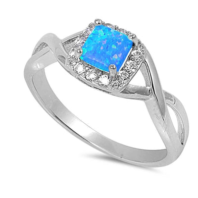 Sterling Silver Elegant Design Blue Lab Opal Princess Cut with Halo Clear CZ Promise RingAnd Face Height of 8MM
