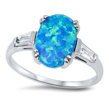 Load image into Gallery viewer, Sterling Silver Stylish Modish Blue Lab Opal Oval Cut with Baguette Clear CZ Inlay RingAnd Face Height of 12MM