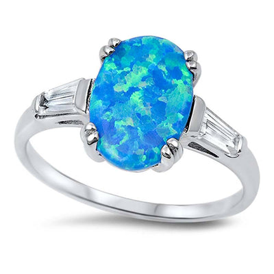 Sterling Silver Stylish Modish Blue Lab Opal Oval Cut with Baguette Clear CZ Inlay RingAnd Face Height of 12MM