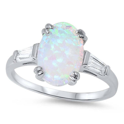 Sterling Silver Stylish Modish White Lab Opal Oval Cut with Baguette Clear CZ Inlay RingAnd Face Height of 12MM