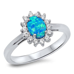 Sterling Silver Flower Shape Blue Lab Opal Rings With CZ StonesAnd Face Height 11mm