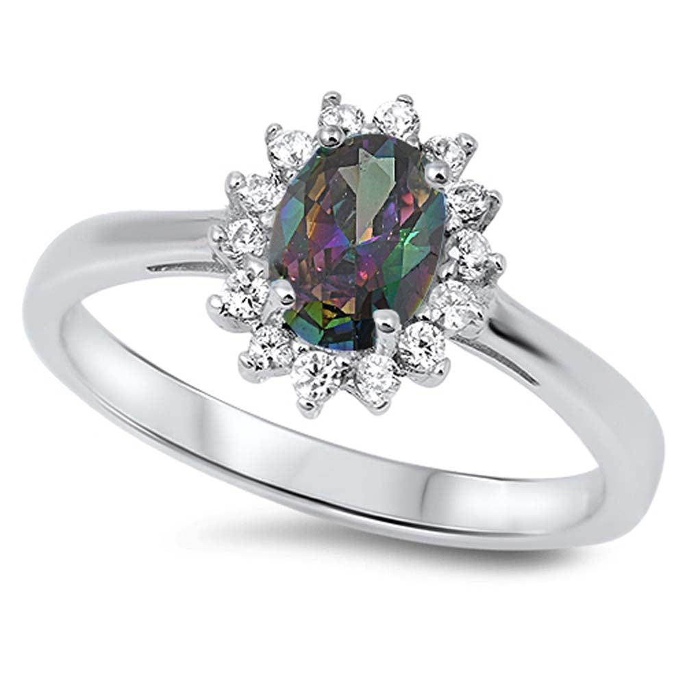 Sterling Silver Oval With Rainbow Topaz And Cubic Zirconia Ring