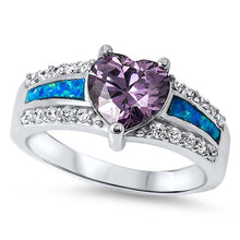 Load image into Gallery viewer, Sterling Silver Fancy Modish Amethyst CZ Heart Shape with Blue Lab Opal Inlay and Clear CZ RingAnd Face Height of 10MM