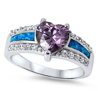Sterling Silver Fancy Modish Amethyst CZ Heart Shape with Blue Lab Opal Inlay and Clear CZ RingAnd Face Height of 10MM