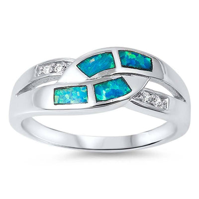 Sterling Silver Elegant Design Sideway Mosaic Blue Lab Opal and Clear CZ Stone Ring with Face Height of 7MM
