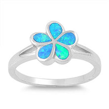 Load image into Gallery viewer, Sterling Silver Trendy Blue Lab Opal Plumeria Design Split Band Ring with Face Height of 10MM