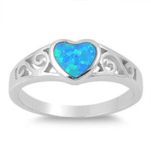 Load image into Gallery viewer, Sterling Silver Fancy Blue Lab Opal Bezel Set Heart Shape with Inlay Filigree Design RingAnd Face Height of 7MM