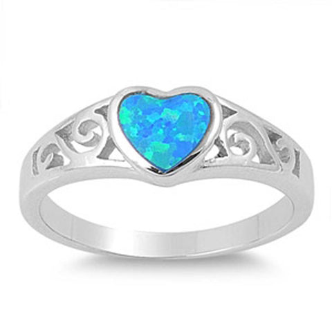 Sterling Silver Fancy Blue Lab Opal Bezel Set Heart Shape with Inlay Filigree Design RingAnd Face Height of 7MM