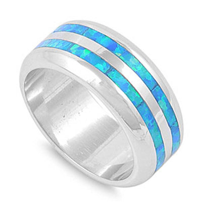 Sterling Silver Stylish Blue Lab Opal Line Inlay Thick Wedding Band Ring with Face Height of 9MM