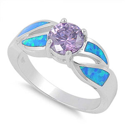 Sterling Silver Modish Round Cape Amethyst CZ and Fancy Band Blue Lab Opal Inlay Design RingAnd Face Height of 7MM