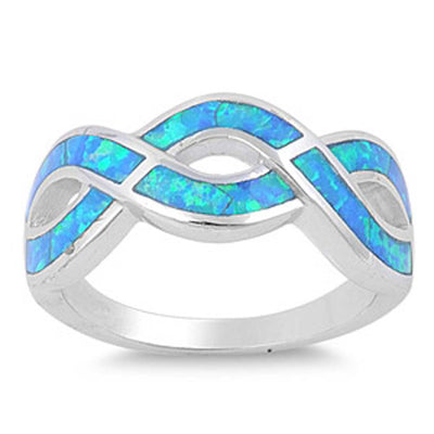 Sterling Silver Modish Infinity Love Knot with Blue Lab Opal Inlay Design RingAnd Face Height of 9MM