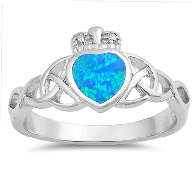 Sterling Silver Fancy Modish Blue Lab Opal Claddagh with Celtic Knot Inlay Design RingAnd Face Height of 11MM