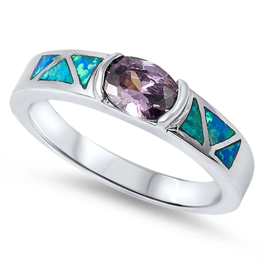 Sterling Silver Fancy Modish Sideway Amethyst CZ Bezel Set Oval Cut with Blue Lab Opal Inlay RingAnd Face Height of 5MM