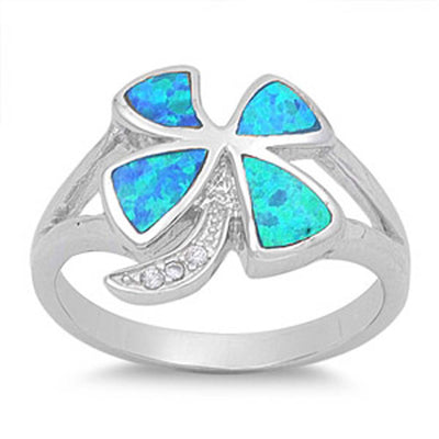 Sterling Silver Modish Blue Lab Opal Four Leaf Clover with Clear CZ Stone Split Band Design RingAnd Face Height of 15MM