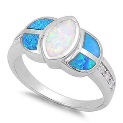 Sterling Silver Stylish White Lab Opal Bezel Set Marquise Cut with Blue Lab Opal RingAnd Face Height of 10MM