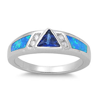 Sterling Silver Fancy Elegant Design Blue Sapphire CZ Bezel Set Trillion Cut with Clear CZ and Blue Lab Opal Inlay RingAnd Face Height of 6MM