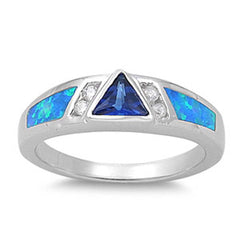 Sterling Silver Fancy Elegant Design Blue Sapphire CZ Bezel Set Trillion Cut with Clear CZ and Blue Lab Opal Inlay RingAnd Face Height of 6MM
