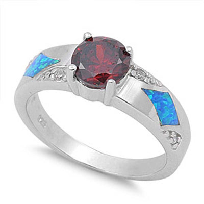 Sterling Silver Fancy Modish Round Garnet CZ with Blue Lab Opal RingAnd Face Height of 7MM
