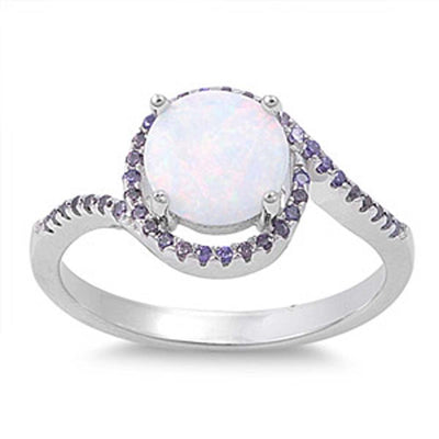 Sterling Silver Stylish White Lab Opal with Halo Bypass Band Ring with Amethyst CZAnd Face Height of 11MM