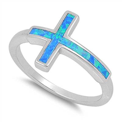 Sterling Silver Stylish Blue Lab Opal Sideway Cross Ring with Face Height of 14MM