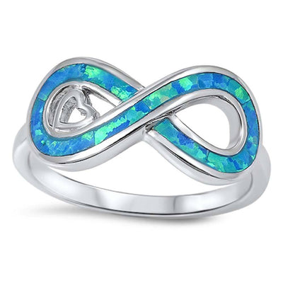 Sterling Silver Modish Infinity with Heart Design Blue Lab Opal Inlaid RingAnd Face Height of 9MM